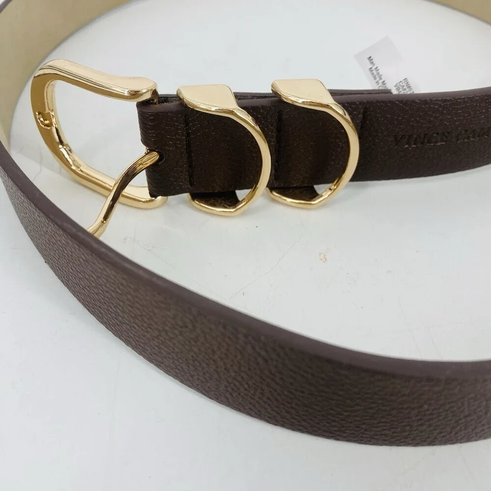 Vince Camuto Brown Vegan Leather Belt Large Gold Buckle Faux Leather Modern